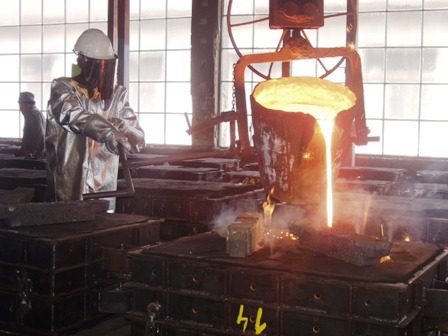 Pouring molten metal at the Pobjeda foundry